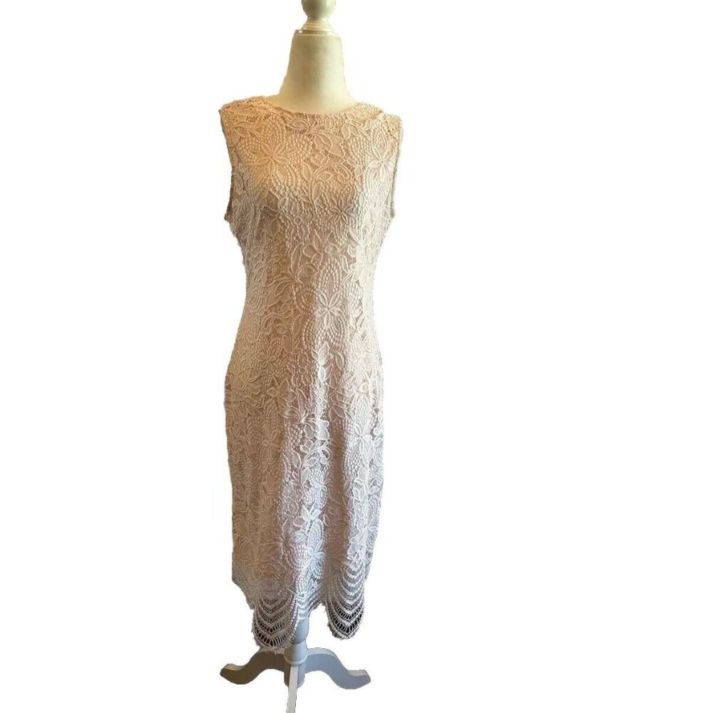 Sharagano Lace Sheath Dress Women 8 Pink Sleeveless Modest Lined Scalloped Hem - Picture 3 of 12